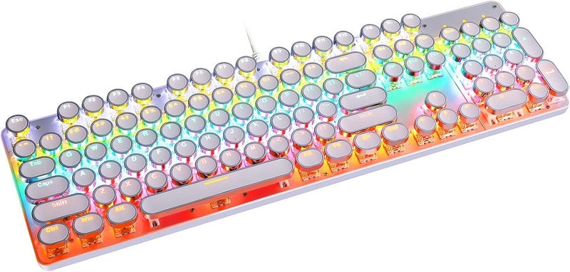 YSCP Typewriter Style Mechanical Gaming Keyboard LED Backlit Wired with Blue Switch Retro Round Keycap 104 Keys Keyboard (White 104 Keys LED) - Image 1